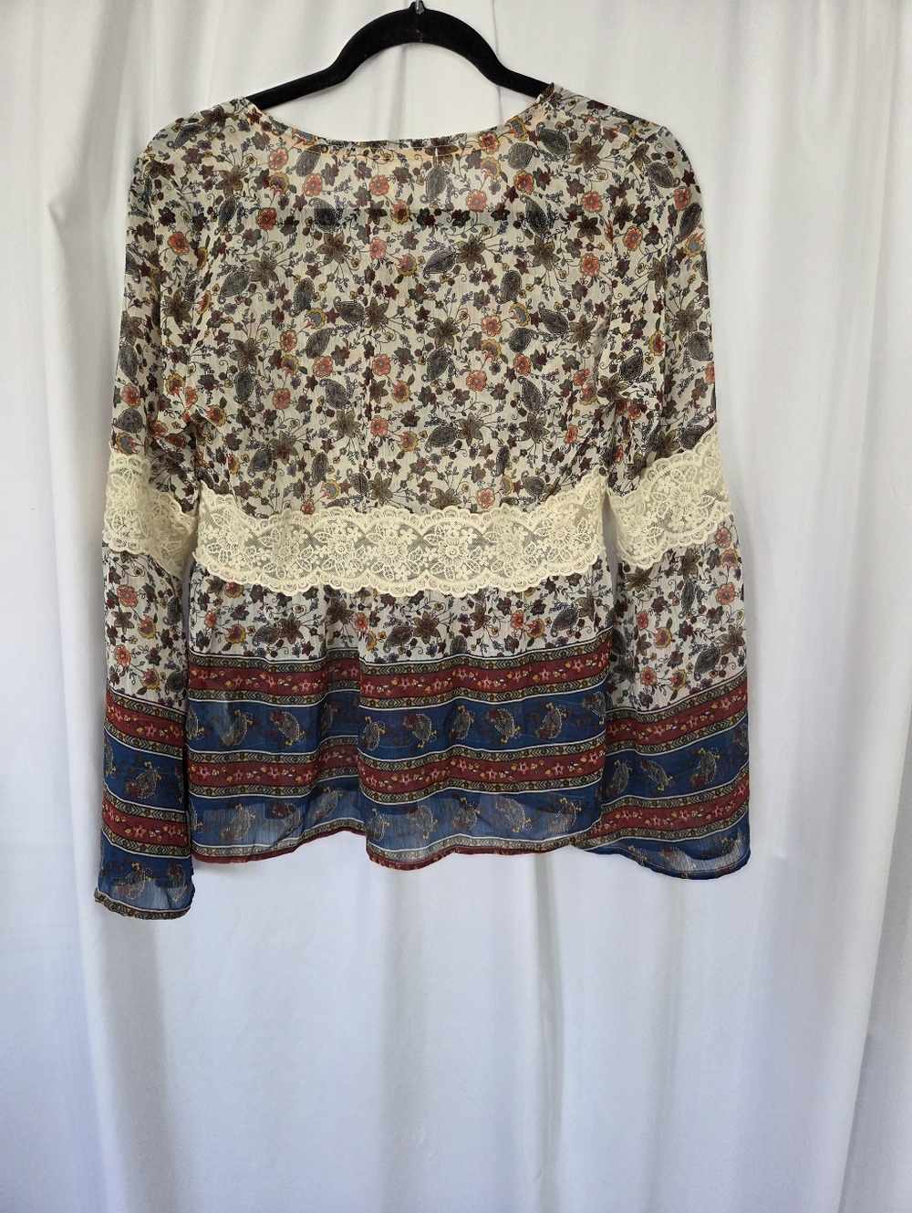 Hint Of Mint Lace-Trim Boho Peasant Blouse - Blue/Cream Sheer Top Size M - Picture 2 of 8